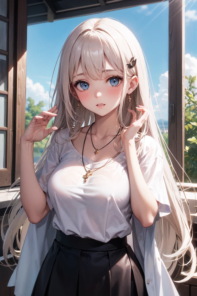 A young woman with long, luscious locks and a subtle blush on her cheeks stands confidently, her breasts visible beneath a white, short-sleeved shirt. Her bangs frame her parted lips, which seem to whisper secrets only to the viewer. A delicate hair ornament adorns her tresses, matching the elegance of her black skirt with side slit. Around her neck lies a dainty necklace, complemented by earrings that catch the sunlight filtering through the sky. Her hand rises, as if beckoning the audience closer, while her eyes hold a playful sparkle, inviting us into her world.