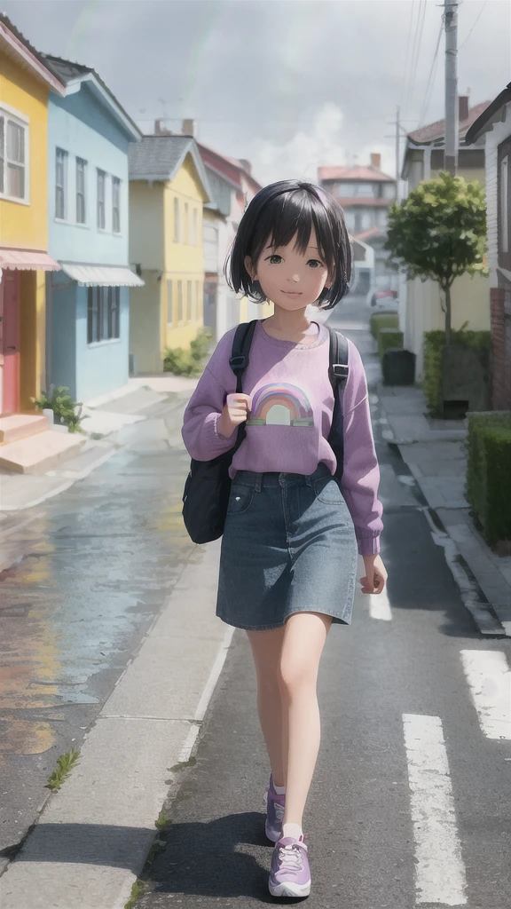 An incredibly charming , carrying a backpack, accompanied by her adorable puppy, she is walking under rainy day with a rainbow purple in the Street many colored houses. The illustration is in high definition at 4k resolution, with highly-detailed facial features and cartoon-style visuals. Animation 3d style