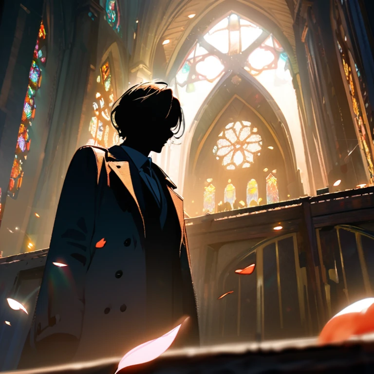 (best quality,8k,highres, masterpiece:1.2), (Silhouette art),ultra-detailed, HDR, UHD, studio lighting, ultra-fine painting, sharp focus, physically-based rendering, extreme detail description, professional, vivid colors, bokeh, portraits, concept artists, warm color palette, dramatic lighting,Man in black trench coat, staring at church, wedding ceremony in church, flower shower, sunny weather, sunshine in church, petals fluttering in the wind, cherry blossom tree,