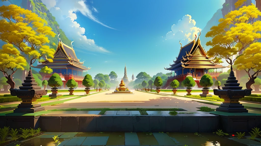 there is a painting of a courtyard with 2 gold elephants statue thailand and thailand temple, arena background, mobile game background, background art, background artwork, palace background, game background, temple background, volley court background, zen temple background, anime background art, royal garden background, amazing wallpaper, anime background, 2 d game art background, park background, anime scenery concept art, videogame background, Cassia fistula, far architect thailand, thailand temple, temple behind, thailand mood, thailand backgound