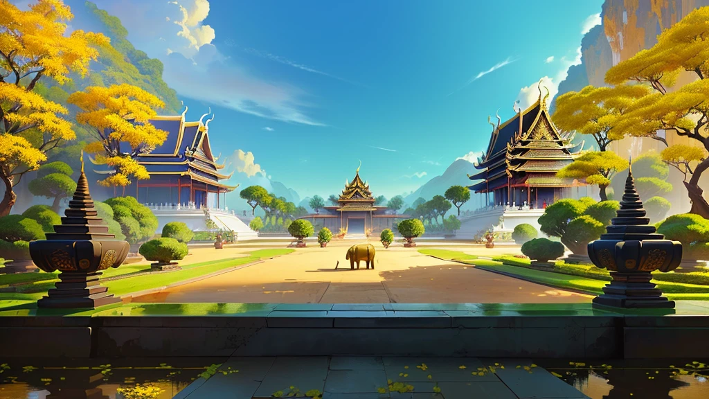 there is a painting of a courtyard with 2 gold elephants statue thailand and thailand temple, arena background, mobile game background, background art, background artwork, palace background, game background, temple background, volley court background, zen temple background, anime background art, royal garden background, amazing wallpaper, anime background, 2 d game art background, park background, anime scenery concept art, videogame background, Cassia fistula, far architect thailand, thailand temple, temple behind, thailand mood, thailand backgound
