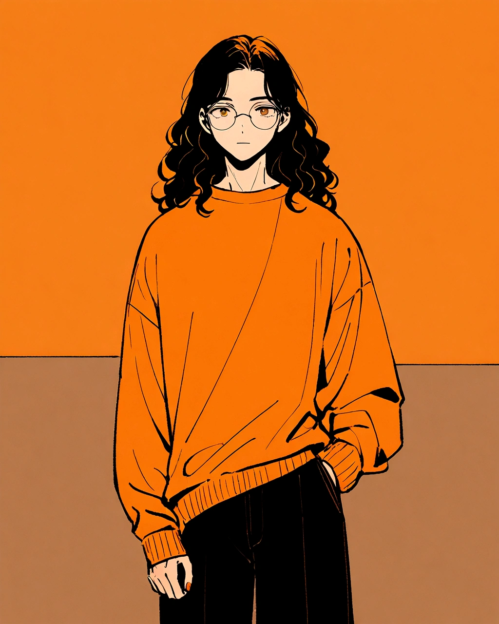 An illustration of a teenage boy with a stylish and relaxed appearance, set against an orange background. The boy has light, wavy hair and is wearing round glasses. He is dressed in an oversized orange sweater with black accents, paired with black shorts. The overall style is minimalist and modern, with clean lines and a focus on the contrasting colors of orange and black. The illustration has a fashionable and trendy feel, with the boy standing casually, his hand in his pocket. The image should convey a cool and laid-back vibe."