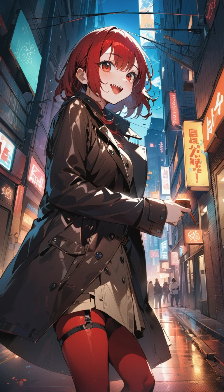 quality\(masterpiece, best quality,8K,非常に精細なCGユニットのwallpaper,High resolution,top-quality,top-quality real texture skin,Surreal,Increase the resolution,RAW Photos,最高quality,Very detailed,wallpaper\), break ,Black leather trench coat, A girl in a black leather trench coat:1.5,\(Girl,cute,Red hair,Red Bunny Girl:1.37, Red Pantyhose, Red Garter Belt, Red Eye,Big eyes,Eyes Shining,Drinking blood,smile,Sharp teeth,Open your mouth,\), break ,background(outside,night,neon,Backstreets)