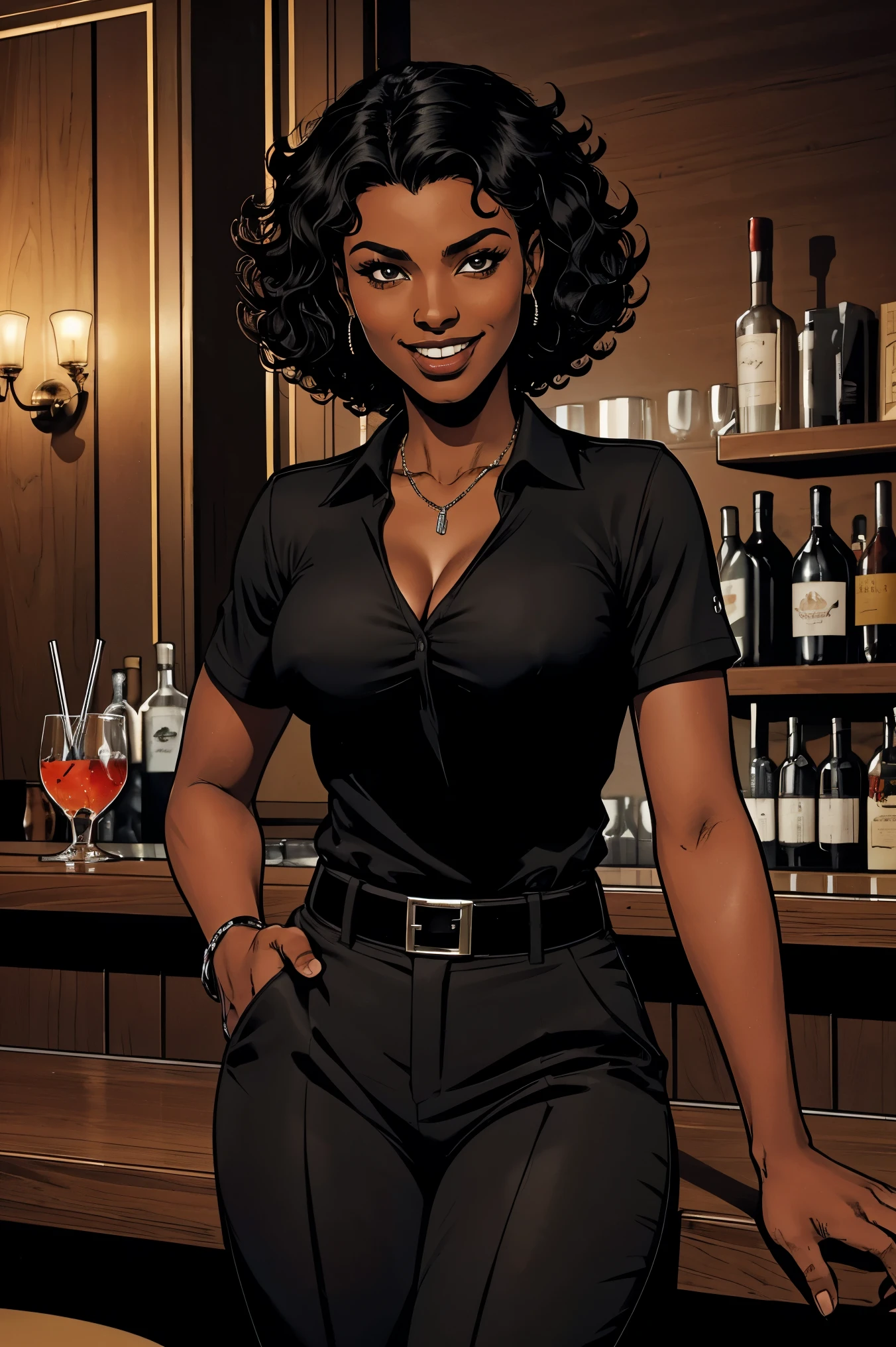 Cardinal, a gorgeous bartender woman with (dark skin, short curly black hair) wearing a black polo, tight slacks. Athletic, wide hips. Short curly black hair, mixing a drink. Smiling. Confident. At a high-end bar, luxury hotel. cleavage.
