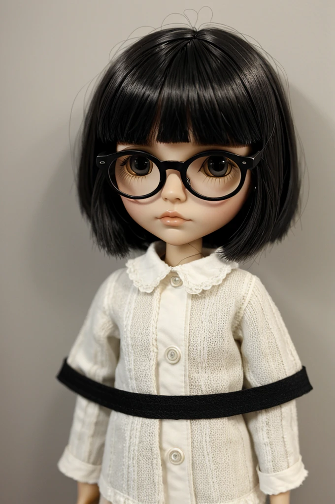 Blythe doll Short wolfcut hair, bangs, black and slightly wavy, small oval glasses