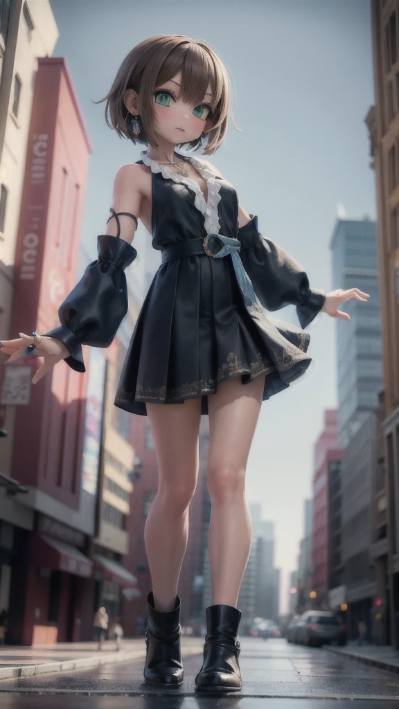 best quality,masterpiece,8k wallpaper,absurdres, highres, ultra detailed, (****ung beautiful girl, solo:1.1), yuna (ff10),heterochromia, green eyes,  brown hair, short hair, blue eyes, jewelry, ring,dress shirt,overall skirt,hand between legs,cityscape, skyscraper,east_asian_architecture, street,BREAK