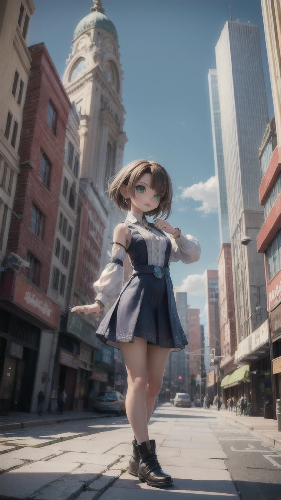 best quality,masterpiece,8k wallpaper,absurdres, highres, ultra detailed, (****ung beautiful girl, solo:1.1), yuna (ff10),heterochromia, green eyes,  brown hair, short hair, blue eyes, jewelry, ring,dress shirt,overall skirt,hand between legs,cityscape, skyscraper,east_asian_architecture, street,BREAK