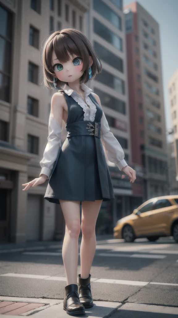 best quality,masterpiece,8k wallpaper,absurdres, highres, ultra detailed, (****ung beautiful girl, solo:1.1), yuna (ff10),heterochromia, green eyes,  brown hair, short hair, blue eyes, jewelry, ring,dress shirt,overall skirt,hand between legs,cityscape, skyscraper,east_asian_architecture, street,BREAK