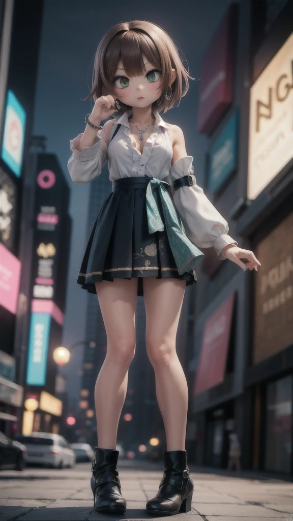 best quality,masterpiece,8k wallpaper,absurdres, highres, ultra detailed, (****ung beautiful girl, solo:1.1), yuna (ff10),heterochromia, green eyes,  brown hair, short hair, blue eyes, jewelry, ring,dress shirt,overall skirt,hand between legs,cityscape, skyscraper,east_asian_architecture, street,BREAK