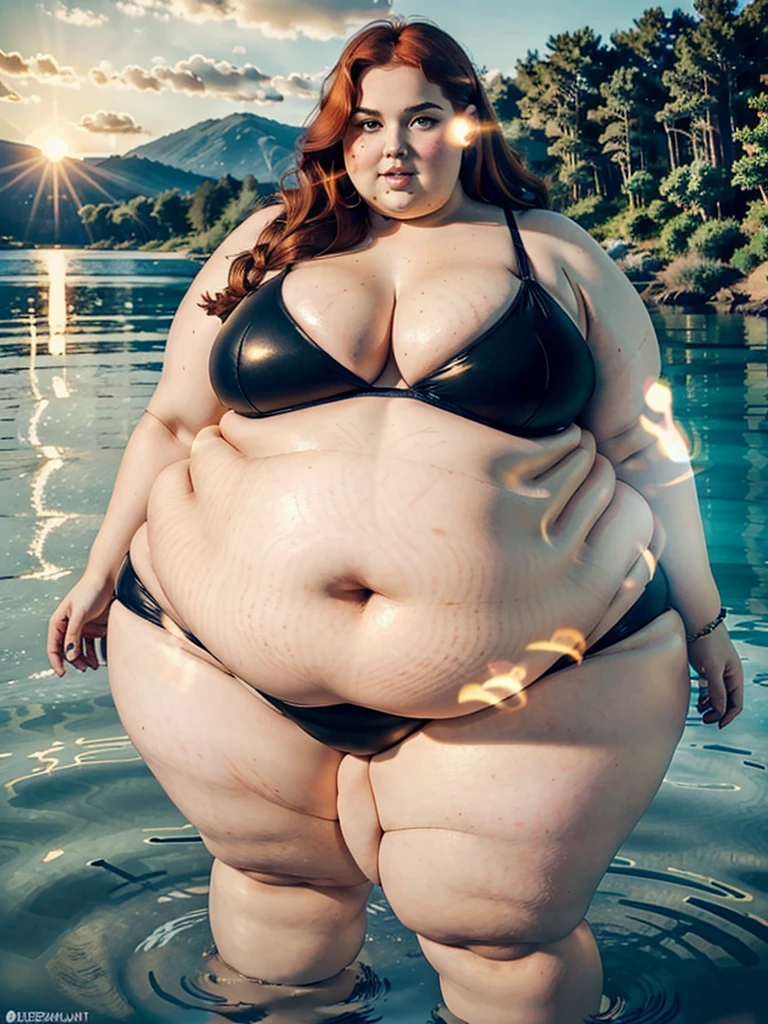 The most beautiful very obese young obese ussbbw fat redhead woman with long rich curly natural ginger hair, natural beautiful cute face, blue eyes, freckles on face and body, busty obese ussbbw fat feminine body, huge fat obese bloated soft belly, very wide hips and large fat booty, fat arms, thicc fat wide obese legs in a tight bikini in a lake at sunset