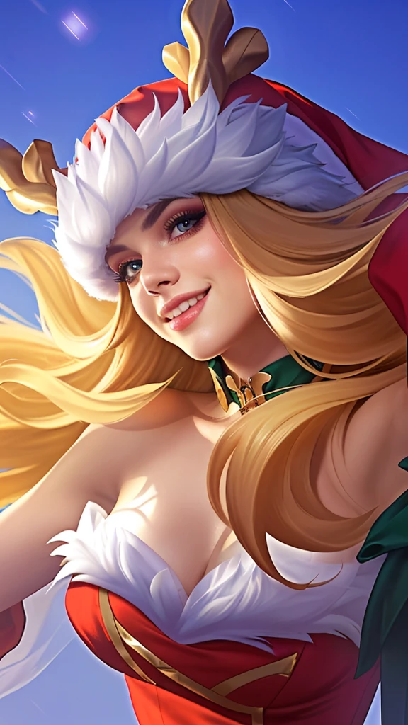 a close up portrait of a beautiful woman wearing a santa hat and a red dress, smile, crystallike skin, iconic character splash art, cinematic lighting, dramatic colors, highly detailed, intricate, masterpiece, photorealistic, 8k, sharp focus, ultra-detailed, hyperrealistic, volumetric lighting, chiaroscuro, dramatic pose, elegant, radiant, mesmerizing, ethereal, glowing, ornate, luxurious