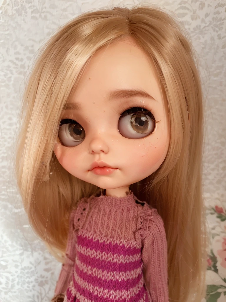 Blythe Doll, White hair, shoulder length hair, side-swept bangs that reach the eyes, small eyes and small eyelashes, very dark brown hair, Brown eyes, with cheeks and round face shape