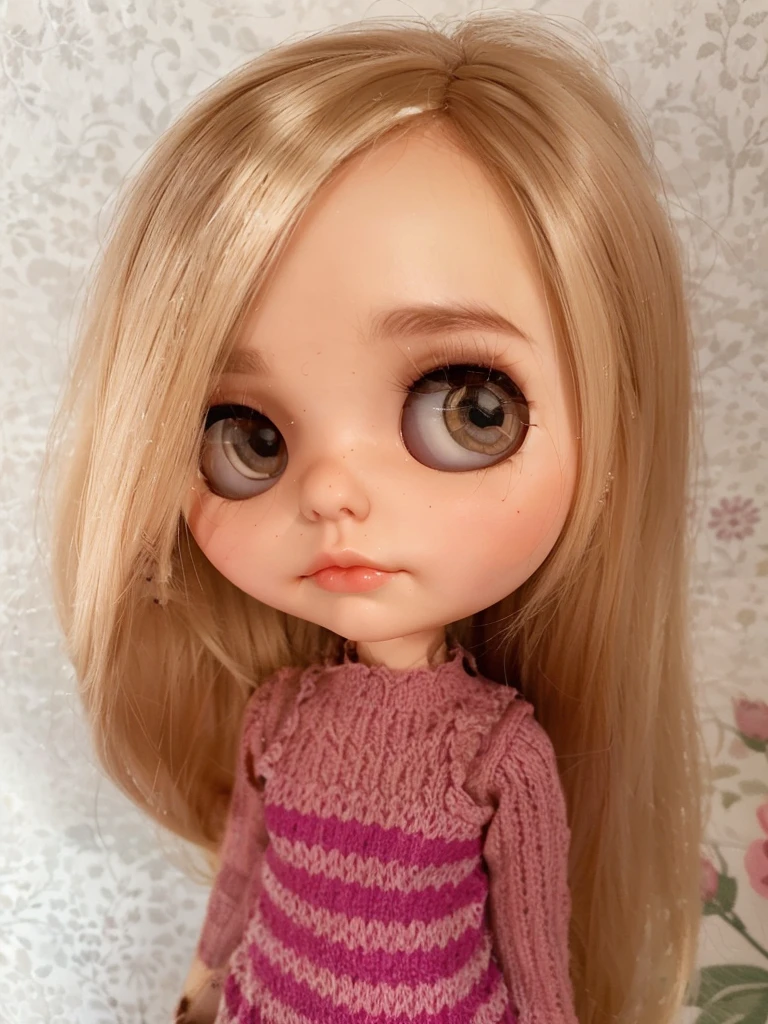 Blythe Doll, White hair, shoulder length hair, side-swept bangs that reach the eyes, small eyes and small eyelashes, very dark brown hair, Brown eyes, with cheeks and round face shape