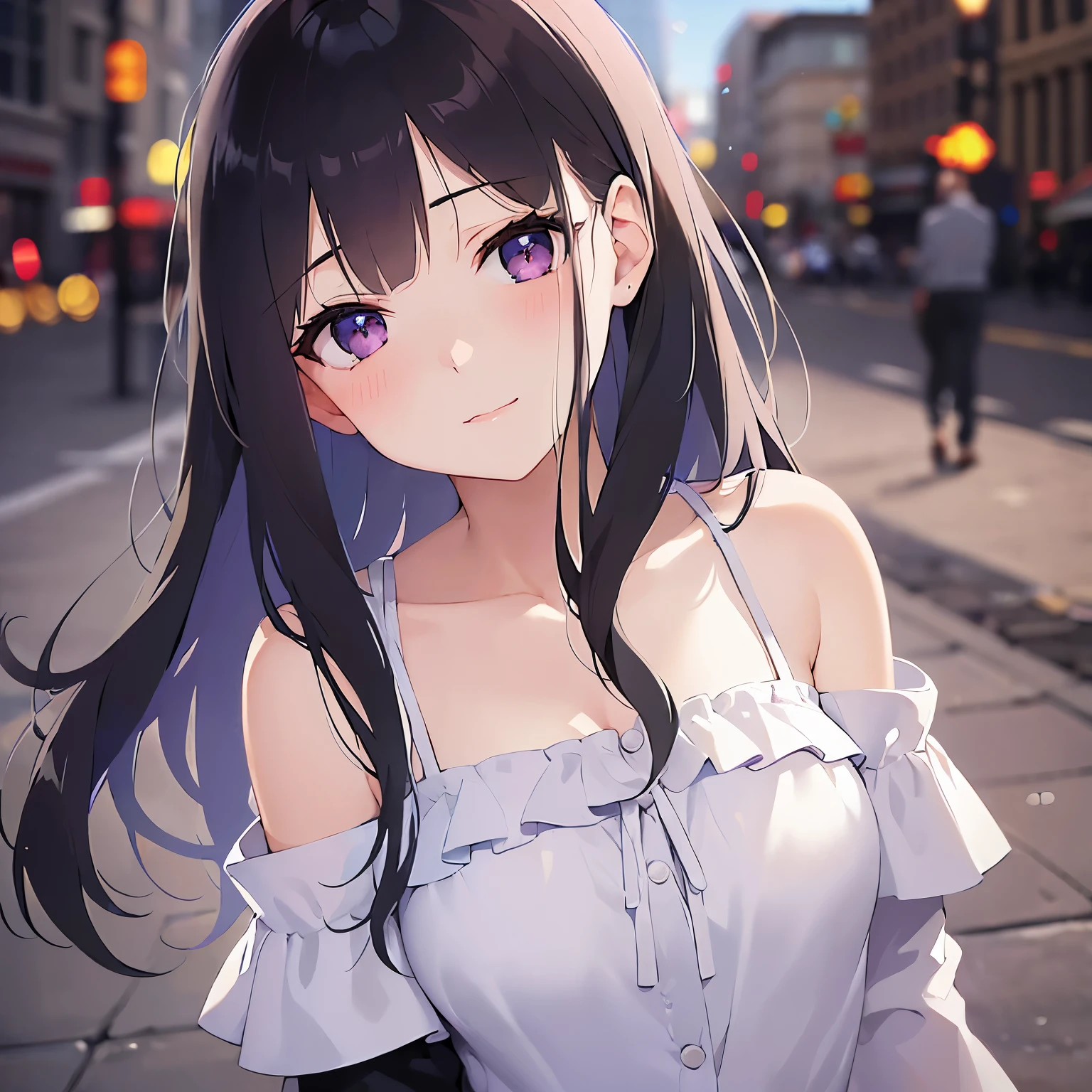 Detailed CG, Ultra-fine illustrations,masterpiece,Highest quality, AW Photo,(Pale skin:1.2),Glossy skin, shiny hair,(A 26-year-old woman with straight hair and bangs)and(Medium Hair)and(Black Hair)and(Purple eyes)BREAK(white:1.5)and(off shoulder blouse:1.5)BREAK,(light smile:1.2)(embarrassed)and(blush:1.3),(upturned eyes),Background is a park at midnight,alone,(head tilt:1.5)