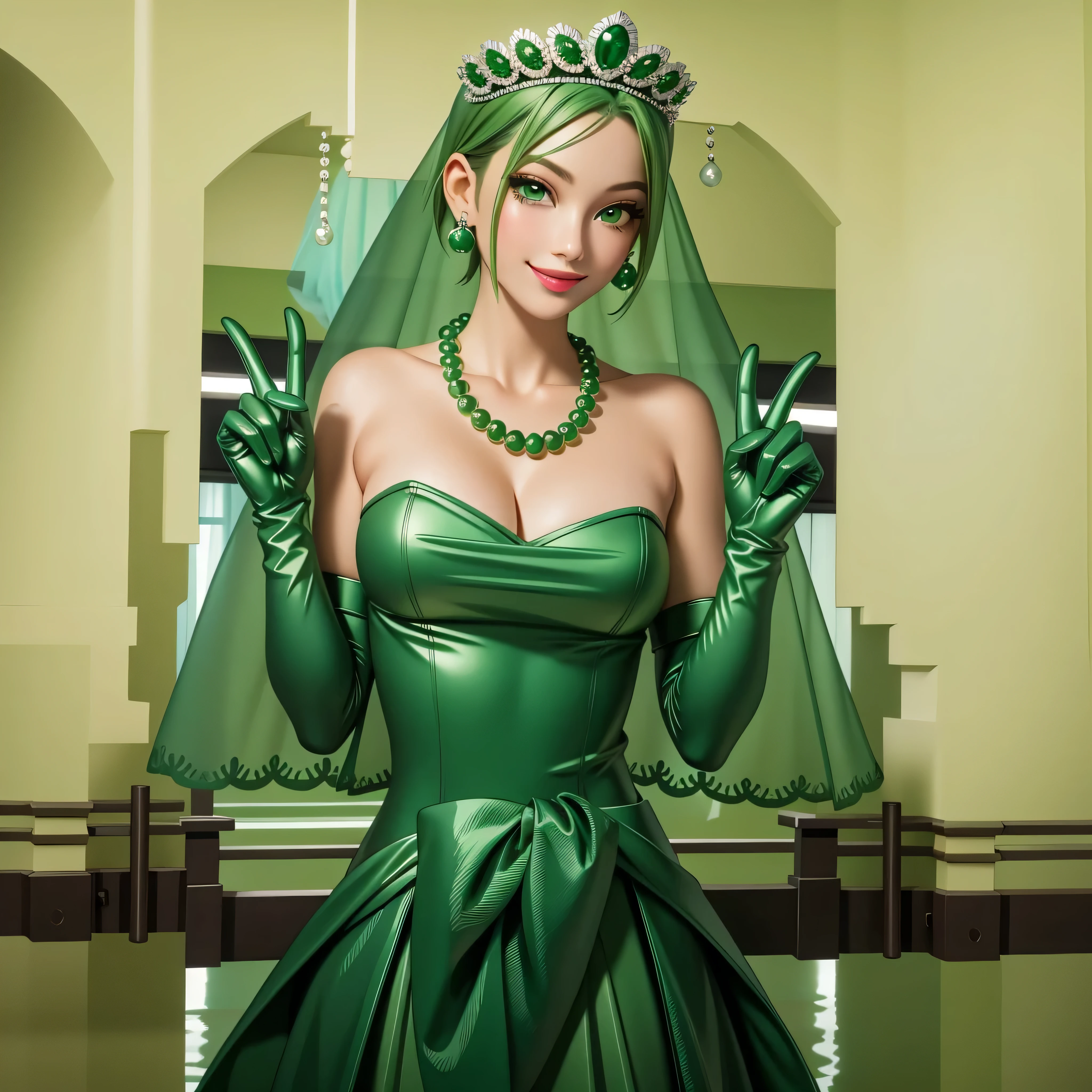 emerald tiara, Green Pearl Necklace, Boyish very short green hair, Green Lips, Smiling Japanese woman, Very short hair, Busty beautiful lady, Green Eyes, Green satin long gloves, Green Eyes, Emerald Earrings, Green veil,V sign, Green Hair, Beautiful Japanese Woman, green lip gloss