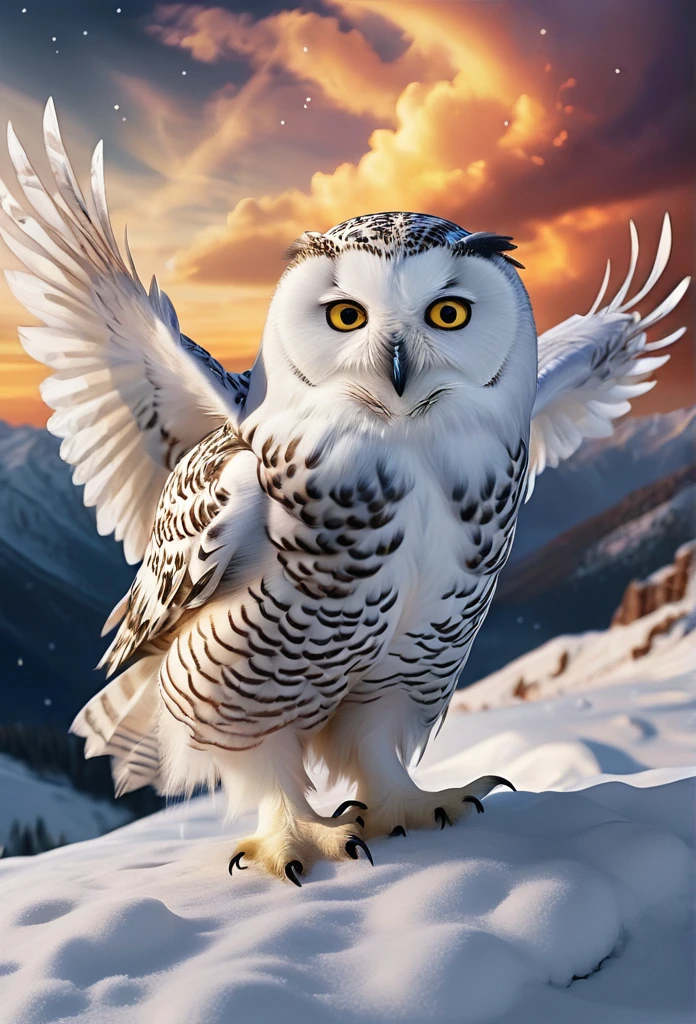Snow owl, snow scene background, , Mysterious clouds, expression of surprise, incredible views, Unavailable, in the sky, legend, stars illuminating the night sky, Fly free, adventure, terraces, High mountains, Amazing sunset, Fly as much as you want, Through the clouds, Spirit of adventure, Shocking scene with wings spread, Huge starry sky, fusion of tradition and modernity./masterpiece Illustration, high quality, 8k, high resolution,