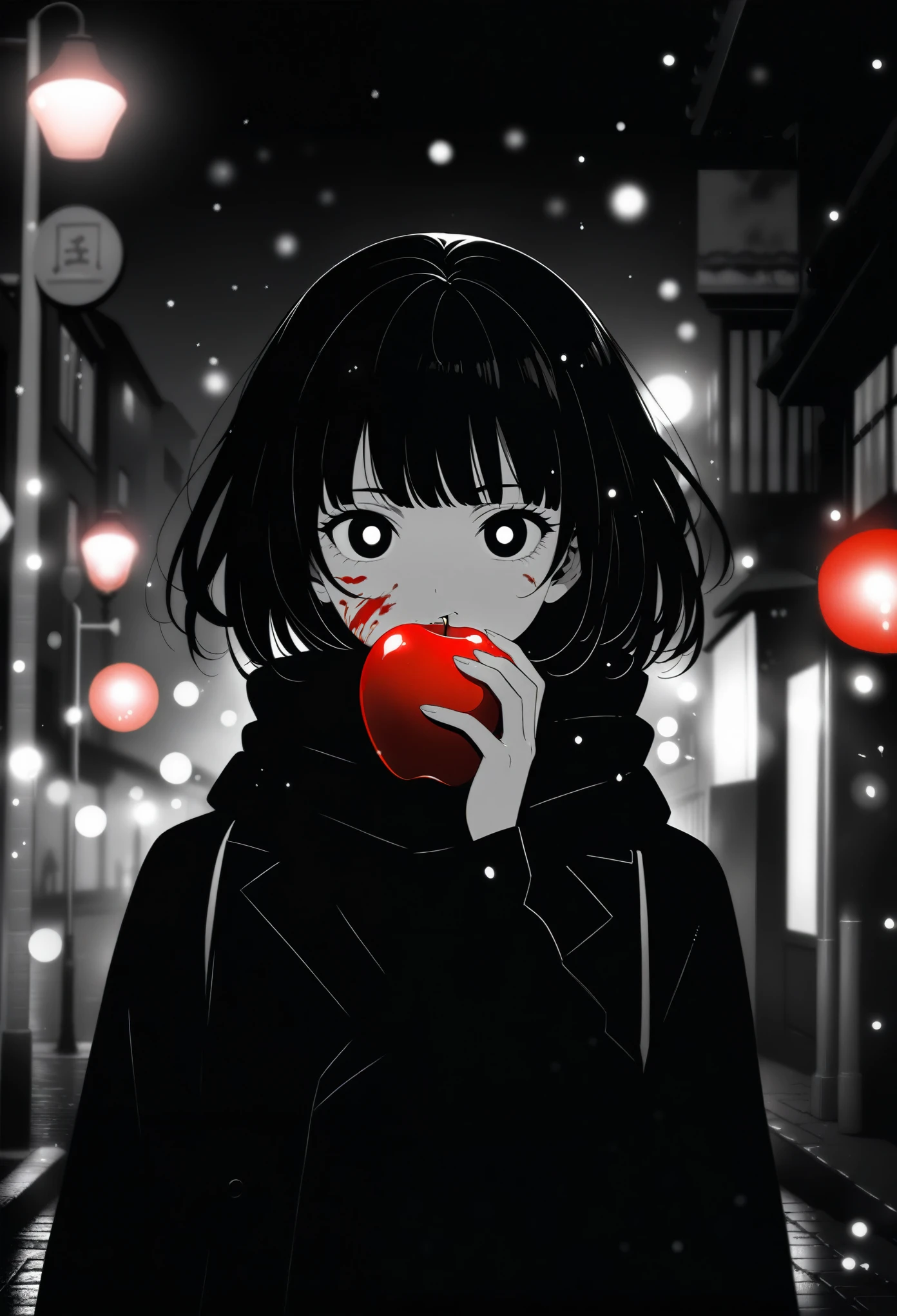 masterpiece, best quality, 1girl, momose_(oqo) official art, grayscale, manga style, japanese, chi no wadachi, black eyes, glowing white pupils, street, iced, black hair, schoolbag, lineart, looking at viewer, blood on face, black coat, black scarf, 35 years old, mature_female:1, tall, fair skinned, bokeh background, bob cut, light particles, centered, snowing, emotional anime scene, scenery, outdoors, (very aesthetic, best quality, ultra detailed), intricate details, red and blue lights flashing, cool, soleless, emotionless, tired, taking a bite out of a shiny red apple, eating apple, holding apple to lips, holding, street lamp, surrounded by darkness, stars in the sky, biting, full shot, sidewalk
