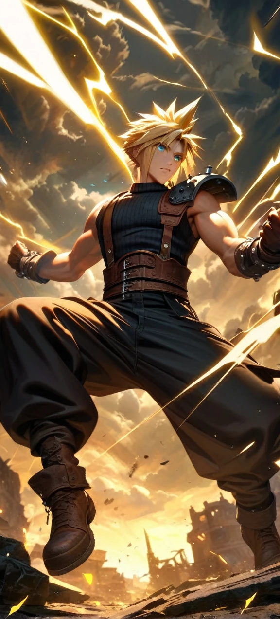 Symetrical,absurdres, highres, ultra detailed, HDR, masterpiece, extremely detailed face and eyes, Cloud Strife,final fantasy 7, yellow hair , , solo, man, handsome, ,, , Epic fight scene, yellow lightning effect, glowing glitters