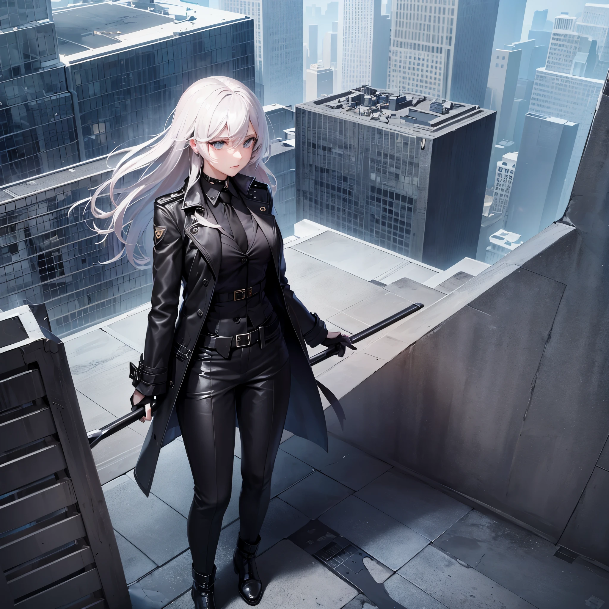 A cryptic girl in a black trench coat is standing on a sky scraper roof top
