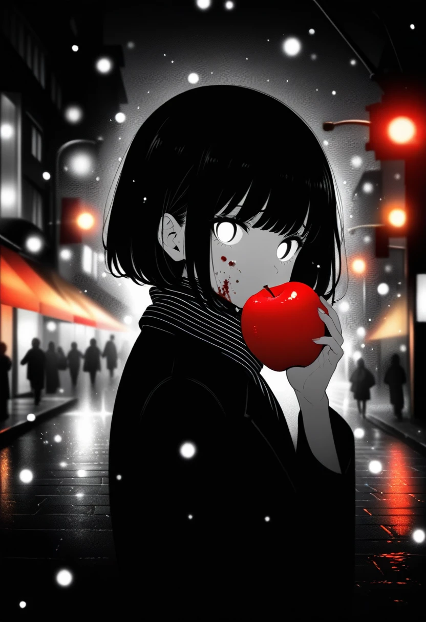 masterpiece, best quality, 1girl, momose_(oqo) official art, grayscale, manga style, japanese, chi no wadachi, black eyes, glowing white pupils, street, iced, black hair, schoolbag, lineart, looking at viewer, blood on face, black coat, black scarf, 35 years old, mature_female:1, tall, fair skinned, bokeh background, bob cut, light particles, centered, snowing, emotional anime scene, scenery, official wallpaper, (very aesthetic, best quality, ultra detailed), intricate details, red and blue lights flashing, cool, soleless, emotionless, tired, taking a bite out of a shiny red apple, eating apple, holding apple to lips, holding, street lamp, surrounded by darkness, stars in the sky, biting, full shot