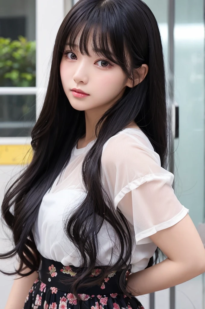 Japanese Beauty、Idol face　Long Black Hair　See-through bangs、Tear bags、Teardrop、Curly Hair、Double