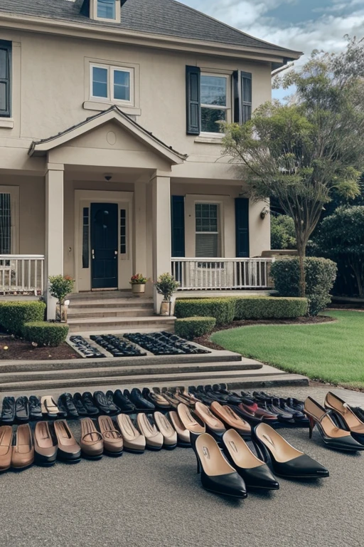 100 people shoes in a front of house