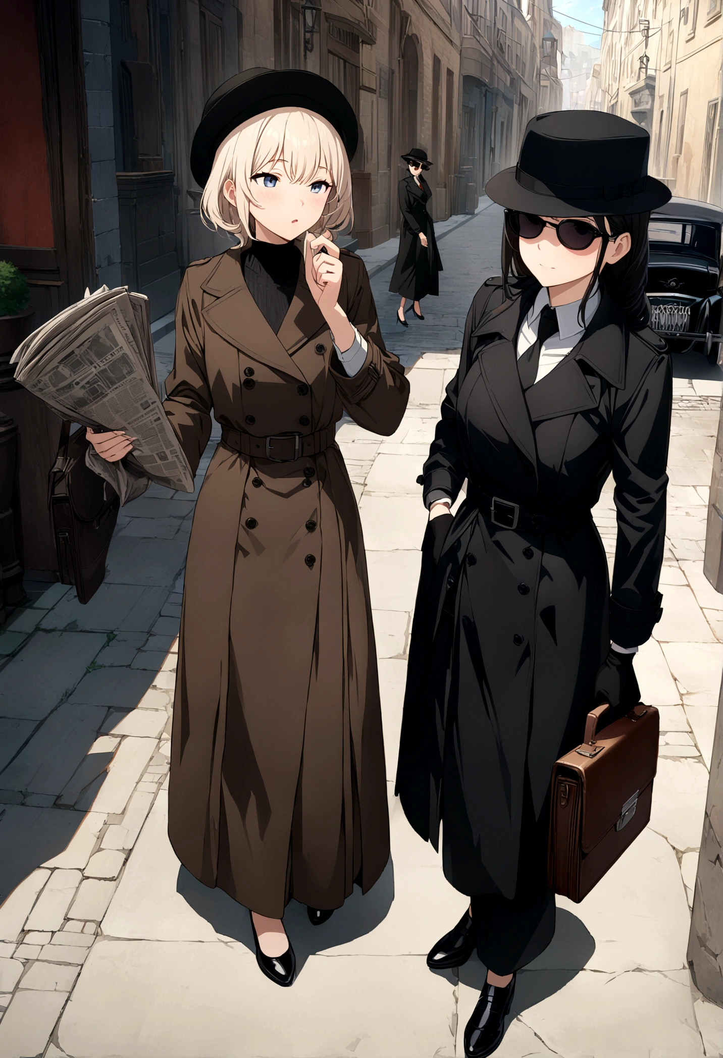 ((Masterpiece, top quality, high resolution)), ((highly detailed CG unified 8K wallpaper)), Screenshot from a spy movie, two women having a secret conversation on a street corner, wearing black hats, black sunglasses, black trench coats, black gloves, black shoes, holding an attache case and newspaper in one hand, HD,