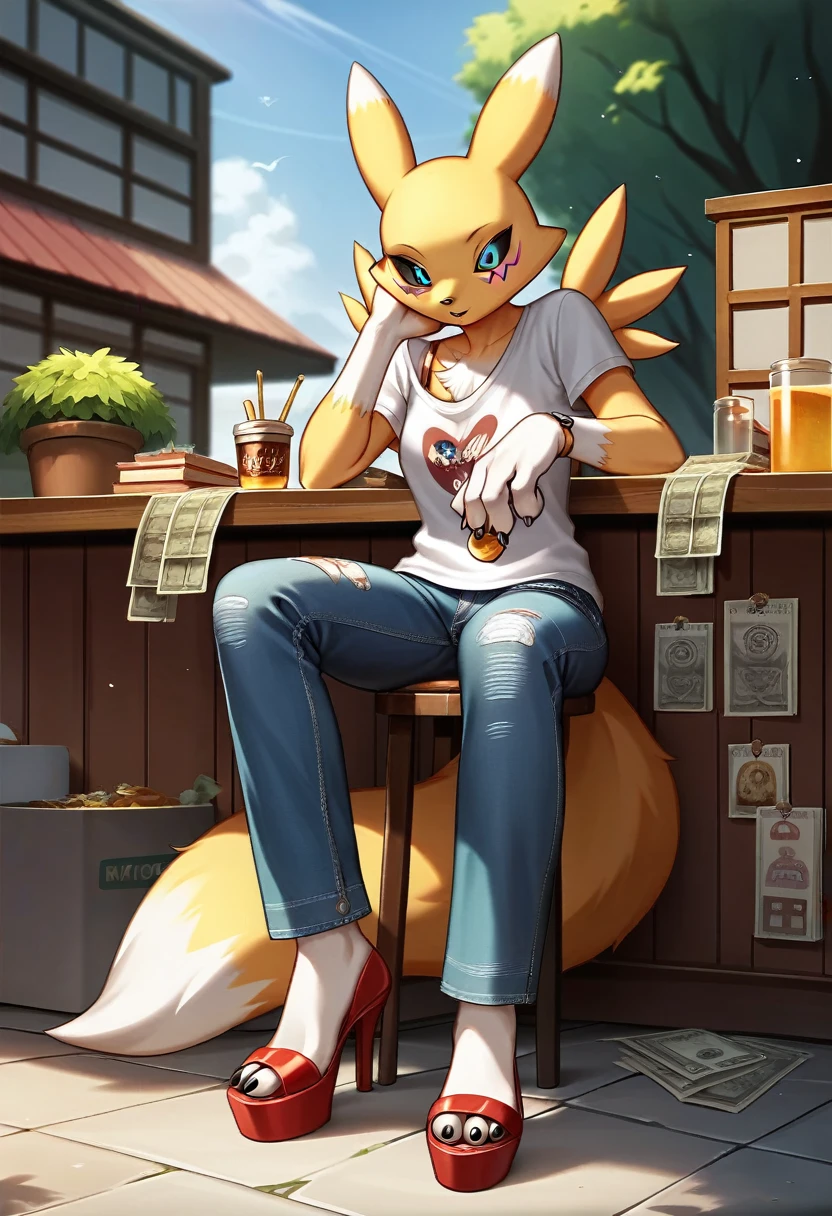 Fraction_9, Fraction_8_up, Fraction_7_up, Fraction_6_up, Fraction_5_Direction_4_up, rest, src_Japanese cartoons, Endless, Official Art, masterpiece, 1 Girl, renamon (Digimon), anthropology, Lovely, , very younger, young, , Uncensored, Oversized T-shirt, big jeans,Red high heels, Sexy, Honey, prostitute, Dagasi, Blink