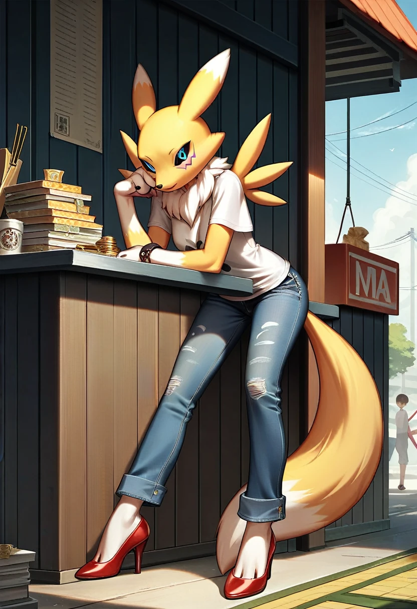 Fraction_9, Fraction_8_up, Fraction_7_up, Fraction_6_up, Fraction_5_Direction_4_up, rest, src_Japanese cartoons, Endless, Official Art, masterpiece, 1 Girl, renamon (Digimon), anthropology, Lovely, , very younger, young, , Uncensored, Oversized T-shirt, big jeans,Red high heels, Sexy, Honey, prostitute, Dagasi, Blink