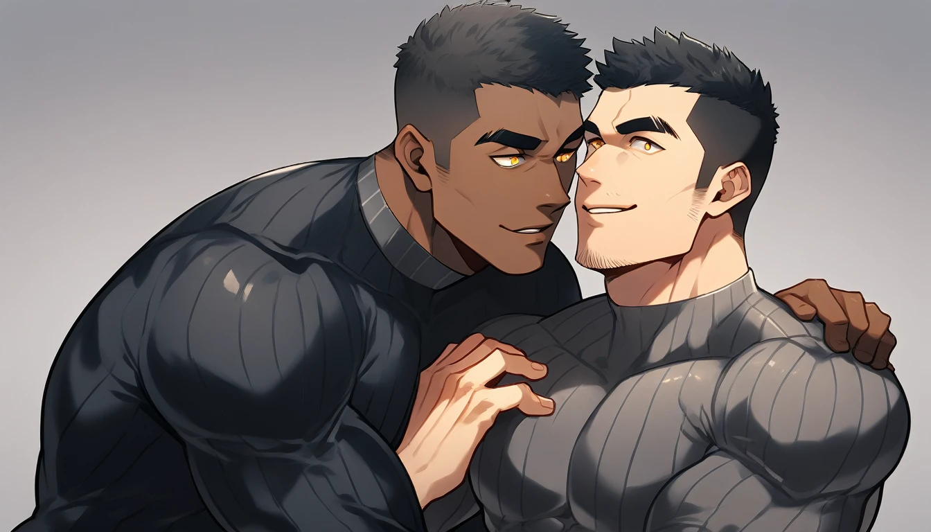 anime characters：Two superheroes in tights, Muscle superhero, negro black skin, They hugged and kissed each other, Caress, Manliness, male focus, Yellow and black striped high collar long sleeve tight T-shirt, Slightly transparent material, Very tight, Round, full and perky chest muscles, Male dog waist, Slightly transparent, muscular male, muscular, only, Upper body, alone, Black short hair, Thick eyebrows, stubble, Yellow eyes, Grey background, simple background, amazing quality, best aesthetics, Ridiculous, bright pupils, crew cut, parted lips, seductive smile, torogao, naughty face, drop shadow, best quality