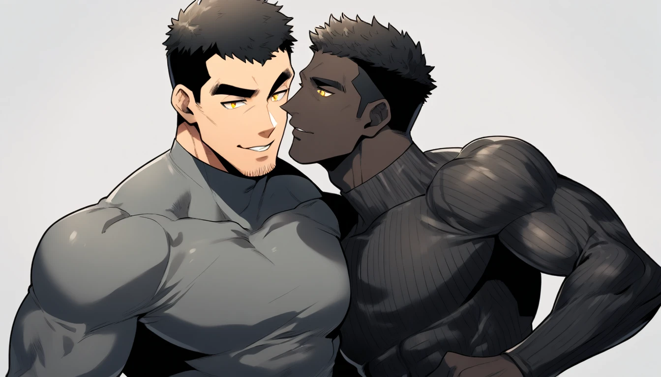 anime characters:Two superheroes in tights, Muscle superhero, ????? black skin, They hugged and kissed each other, Caress, Manliness, male focus, Yellow and black striped high collar long sleeve tight T-shirt, Slightly transparent material, Very tight, Round, full and perky chest muscles, Male dog waist, Slightly transparent, muscular male, muscular, only, Upper body, alone, Black short hair, Thick eyebrows, stubble, Yellow eyes, Grey background, simple background, amazing quality, best aesthetics, Ridiculous, bright pupils, crew cut, parted lips, seductive smile, torogao, naughty face, drop shadow, best quality