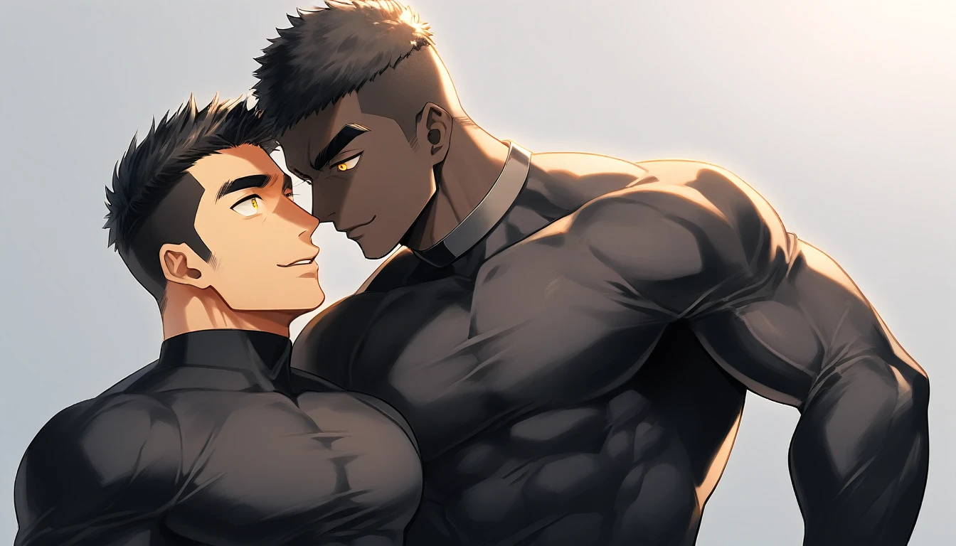 anime characters:Two superheroes in tights, Muscle superhero, negro black skin, They hugged and kissed each other, Caress, Manliness, male focus, Yellow and black striped high collar long sleeve tight T-shirt, Slightly transparent material, Very tight, Round, full and perky chest muscles, Male dog waist, Slightly transparent, muscular male, muscular, only, Upper body, alone, Black short hair, Thick eyebrows, stubble, Yellow eyes, Grey background, simple background, amazing quality, best aesthetics, Ridiculous, bright pupils, crew cut, parted lips, seductive smile, torogao, naughty face, drop shadow, best quality