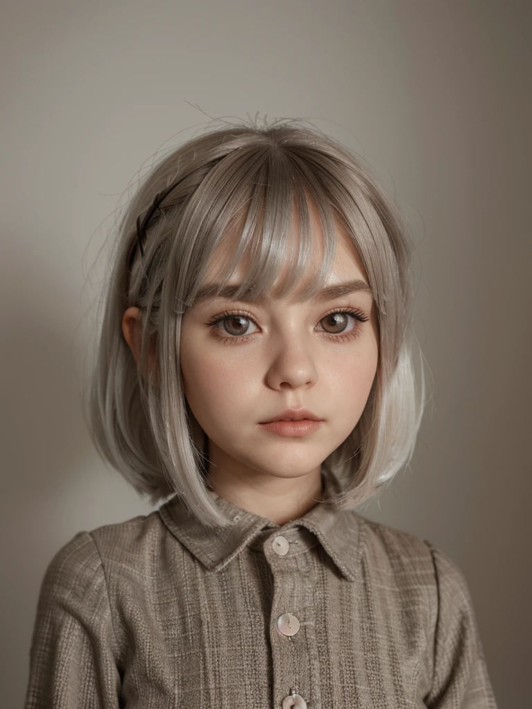 Blythe Doll, White hair, shoulder length hair, side-swept bangs that reach the eyes, small eyes and small eyelashes, very dark brown hair, Brown eyes, with cheeks and round face shape