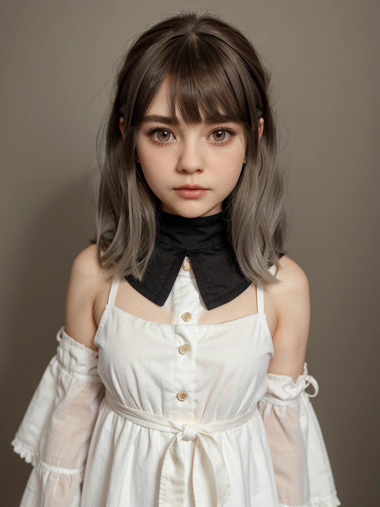 Blythe Doll, White hair, shoulder length hair, side-swept bangs that reach the eyes, small eyes and small eyelashes, very dark brown hair, Brown eyes, with cheeks and round face shape