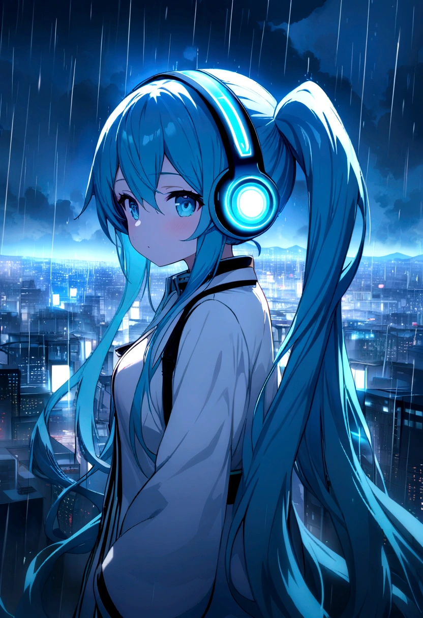 Wearing futuristic headphones、long-haired of blue color、Double ponytail curl、Clear blue eyes、Beth、A bustling cityscape in the near future　miku hatsune, masterpiece, Highest quality, Highly detailed CG Unity 8k wallpape, rain