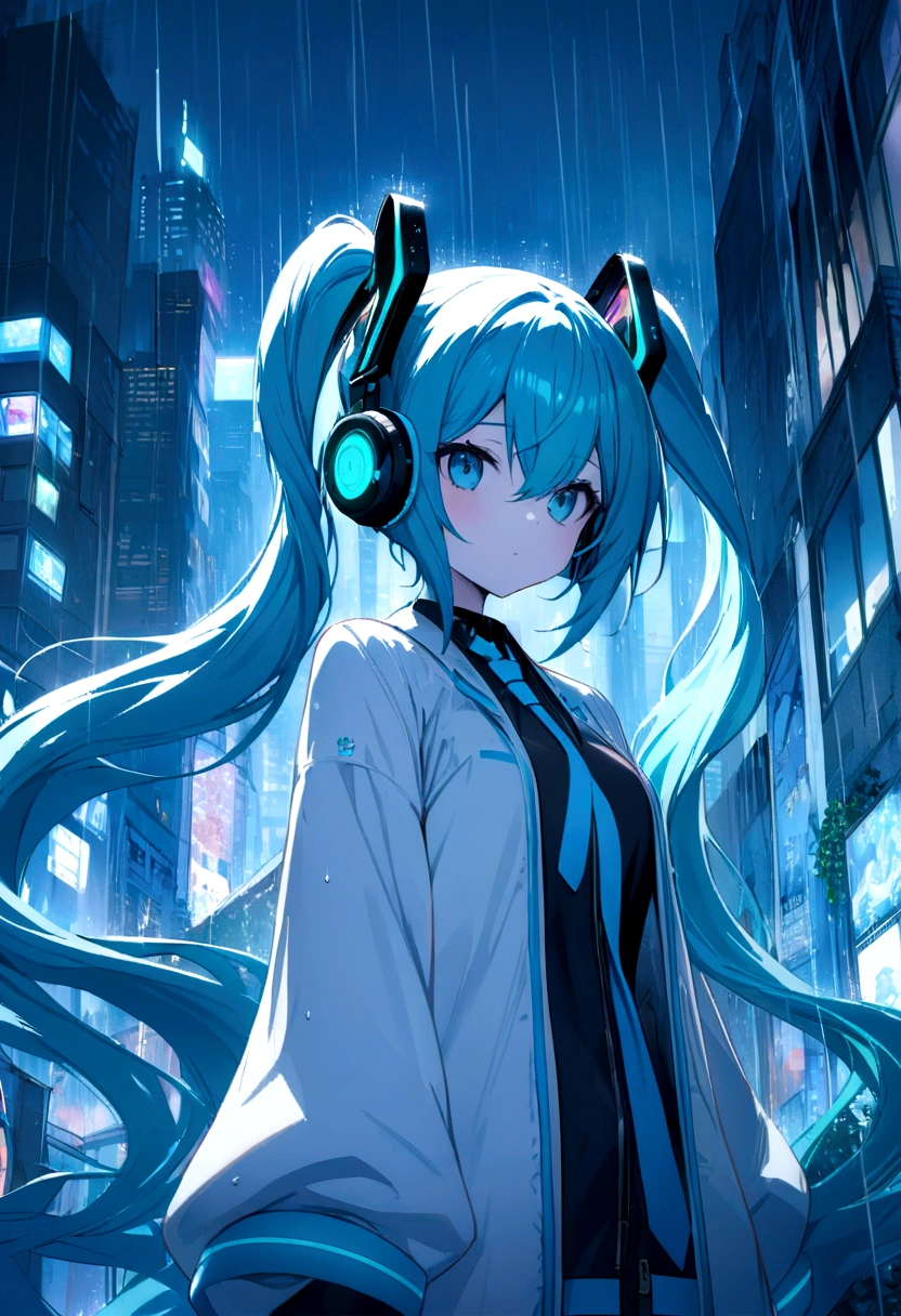 Wearing futuristic headphones、long-haired of blue color、Double ponytail curl、Clear blue eyes、Beth、A bustling cityscape in the near future miku hatsune, masterpiece, Highest quality, Highly detailed CG Unity 8k wallpape, rain