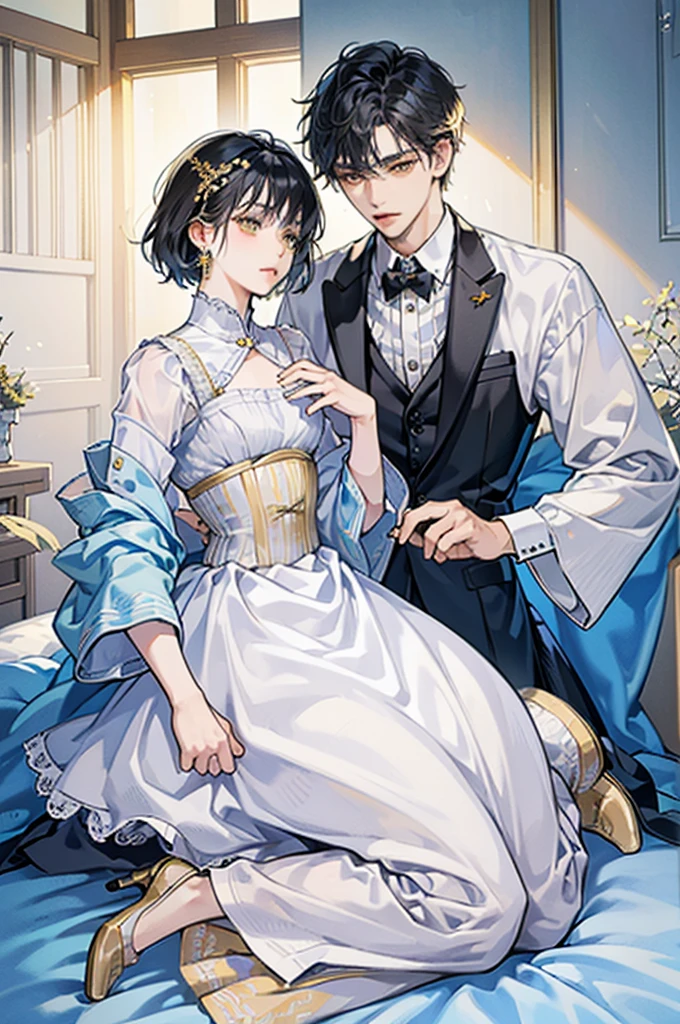 best quality, masterpiece, extremely detailed, short hair, messy black hair, bedroom eyes, soft yellow eyes, fancy light blue and white Japanese style suit, white corset, small waist, gold earrings, hands behind back, proper pose, full body view, male, masculine man