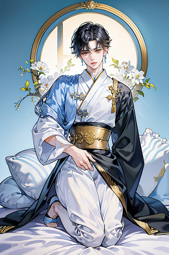 best quality, masterpiece, extremely detailed, short hair, messy black hair, bedroom eyes, soft yellow eyes, fancy light blue and white Japanese style suit, white corset, small waist, gold earrings, hands behind back, proper pose, full body view, male, masculine man
