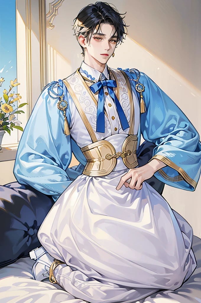 best quality, masterpiece, extremely detailed, short hair, messy black hair, bedroom eyes, soft yellow eyes, fancy light blue and white Japanese style suit, white corset, small waist, gold earrings, hands behind back, proper pose, full body view, male, masculine man
