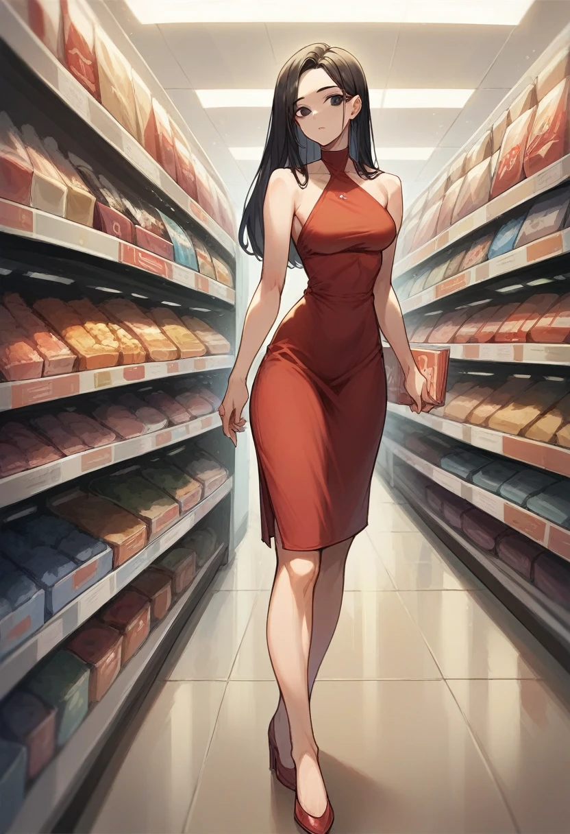 Tall brunette girl _ long black hair _ black eyes_ Red dress _ bare shoulders _ background a store