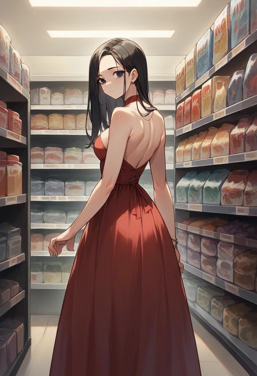 Tall brunette girl _ long black hair _ black eyes_ Red dress _ bare shoulders _ background a store