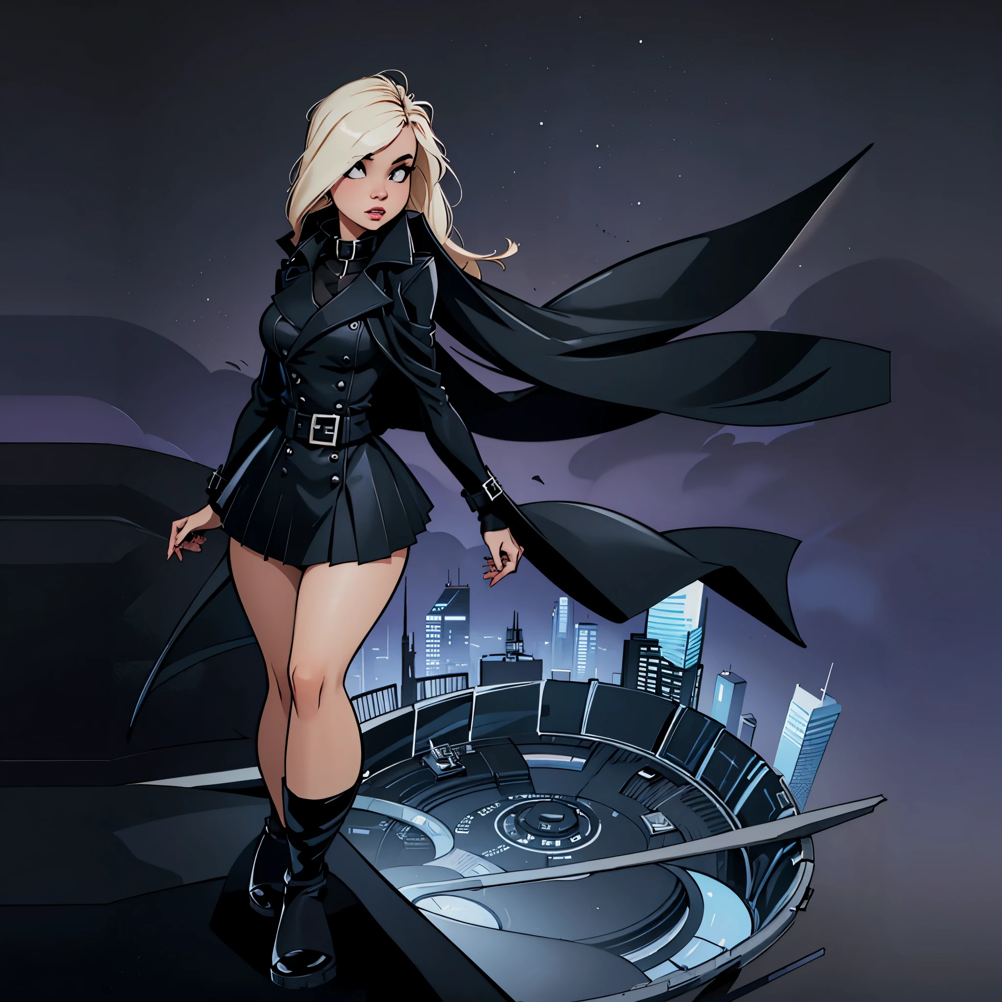 A cryptic girl in a black trench coat is standing on a sky scraper roof top