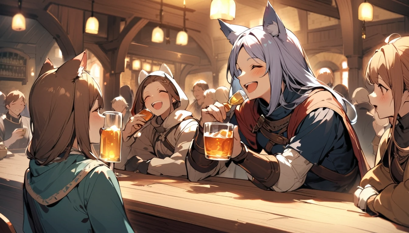 A person with animal ears and a tail々A group of people drinking and laughing in a medieval bar