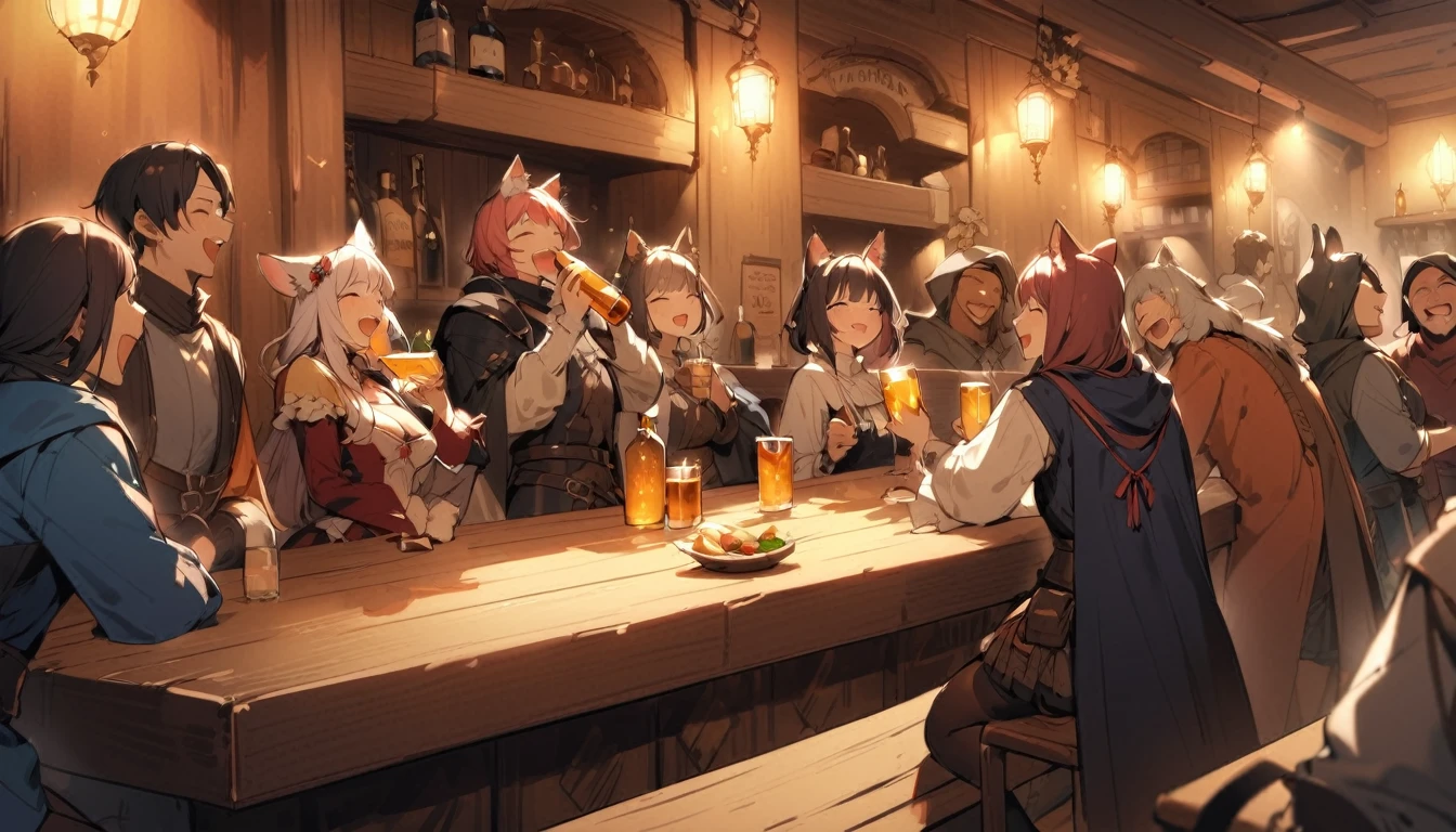 A person with animal ears and a tail々A group of people drinking and laughing in a medieval bar