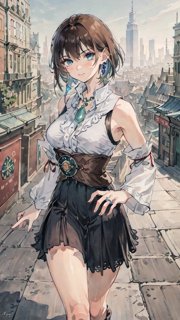 best quality,masterpiece,8k wallpaper,absurdres, highres, ultra detailed, (****ung beautiful girl, solo:1.1), yuna (ff10),heterochromia, green eyes,  brown hair, short hair, blue eyes, jewelry, ring,dress shirt,overall skirt,hand between legs,cityscape, skyscraper,east_asian_architecture, street,BREAK