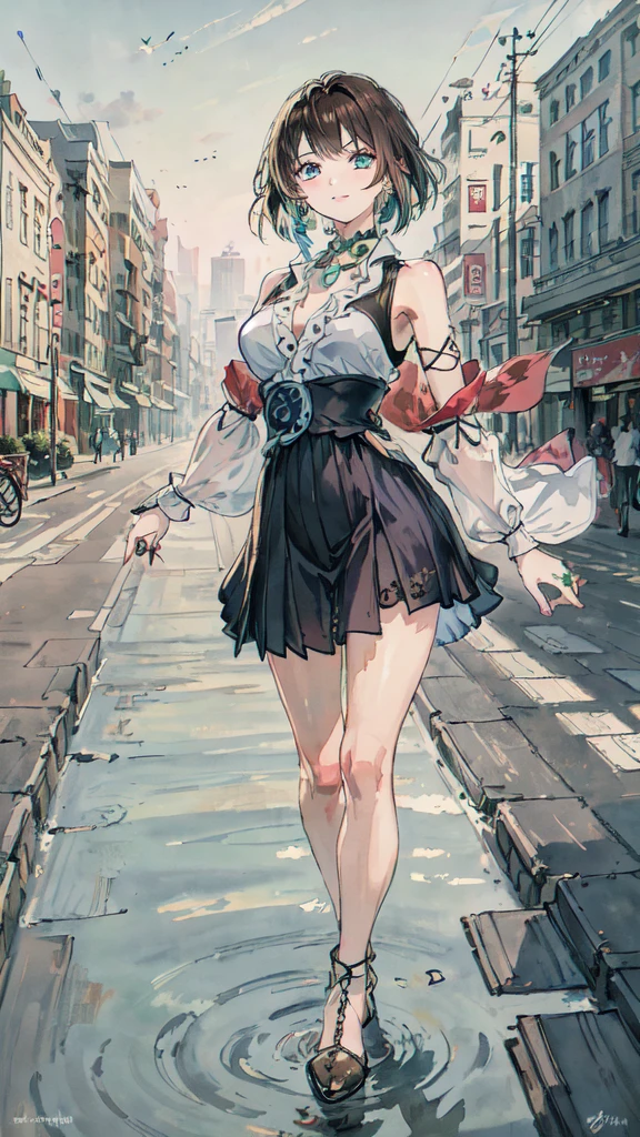 best quality,masterpiece,8k wallpaper,absurdres, highres, ultra detailed, (****ung beautiful girl, solo:1.1), yuna (ff10),heterochromia, green eyes,  brown hair, short hair, blue eyes, jewelry, ring,dress shirt,overall skirt,hand between legs,cityscape, skyscraper,east_asian_architecture, street,BREAK