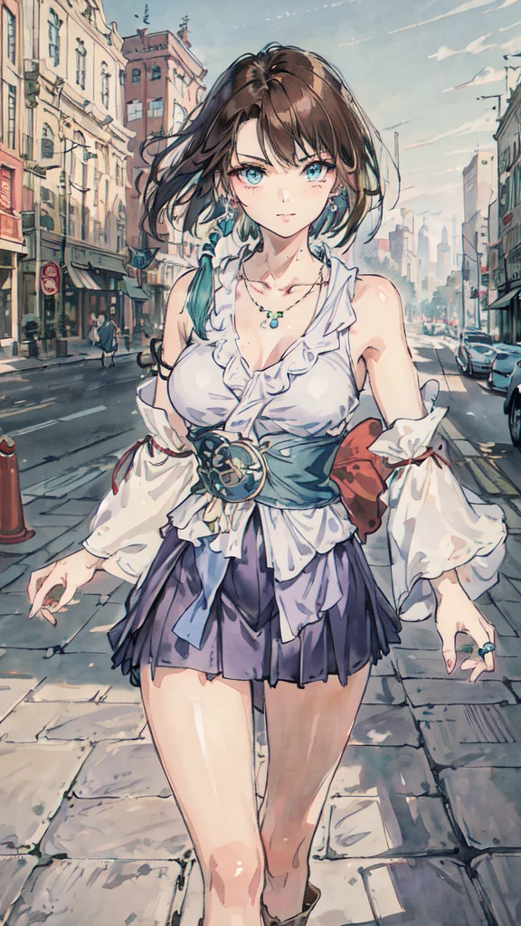 best quality,masterpiece,8k wallpaper,absurdres, highres, ultra detailed, (****ung beautiful girl, solo:1.1), yuna (ff10),heterochromia, green eyes,  brown hair, short hair, blue eyes, jewelry, ring,dress shirt,overall skirt,hand between legs,cityscape, skyscraper,east_asian_architecture, street,BREAK