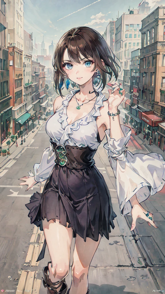 best quality,masterpiece,8k wallpaper,absurdres, highres, ultra detailed, (****ung beautiful girl, solo:1.1), yuna (ff10),heterochromia, green eyes,  brown hair, short hair, blue eyes, jewelry, ring,dress shirt,overall skirt,hand between legs,cityscape, skyscraper,east_asian_architecture, street,BREAK