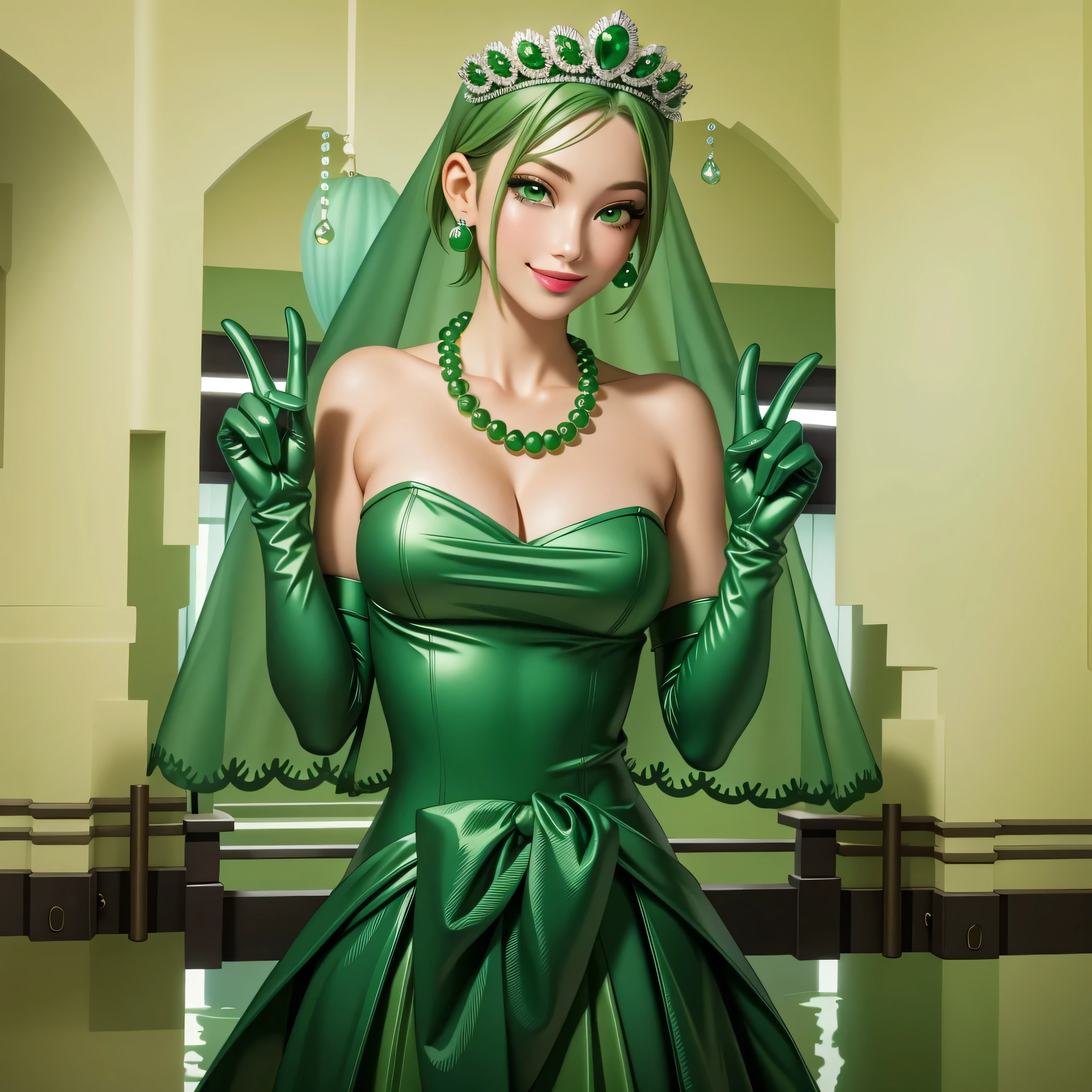 emerald tiara, Green Pearl Necklace, Boyish very short green hair, Green Lips, Smiling Japanese woman, Very short hair, Busty beautiful lady, Green Eyes, Green satin long gloves, Green Eyes, Emerald Earrings, Green veil,V sign, Green Hair, Beautiful Japanese Woman, green lip gloss