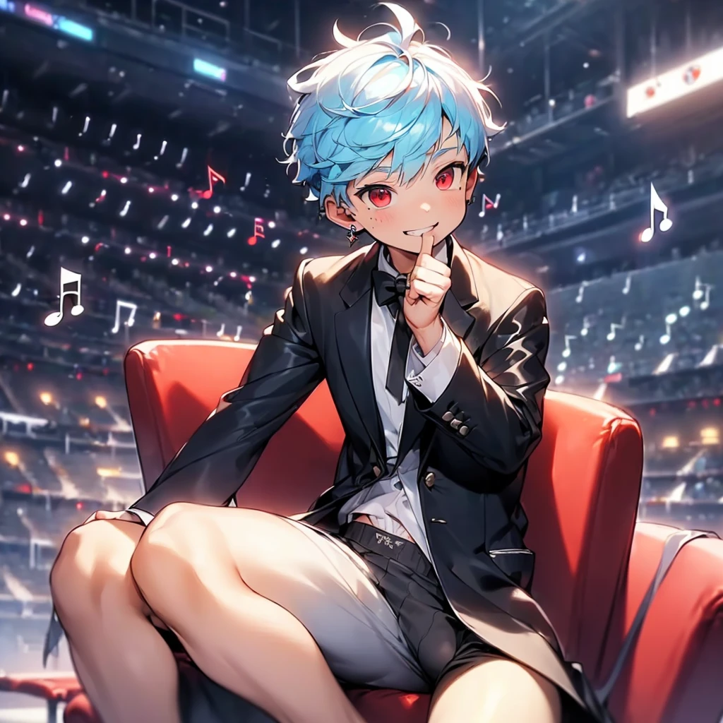 (solo:2.5), (boldline:-1.7), (put index finger on mouth:1.5), (floating musical notes:1.7), (sitting on red chair:1.5), (((fang))), (((best finger))), BREAK (best quality:1.5), (absolutely resolution:1.5), (ultra detailed:1.5), (masterpiece:1.5), (perfect face), (detailed face), (detailed eyes:1.3), (best eyes), (cute face), (shota:2), BREAK (tuxedo:1.5), (bulge:1.6), (skinny:1.3), BREAK (light blue hair:1.5), (spiked hair), (wine red eyes:1.4), (eyes with highlight:1.6), ((mole under eye)), (sweaty skin), (grin:1.5), ((earrings)), (shiny skin:1.3), BREAK (concert hall:1.5), (spot light:1.3), (at concert), (many people), ((wind blowing)), frow below, (upper body),